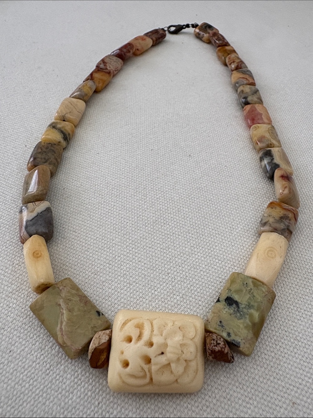 Carved Bone Agate & Kiwi Jasper Multi-Stone Beaded Necklace